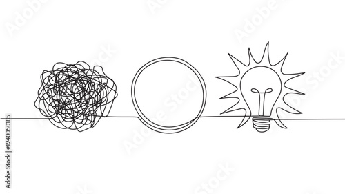 Light bulb illustration with a tangled mess and a circle representing the simplification of ideas and problem solving.