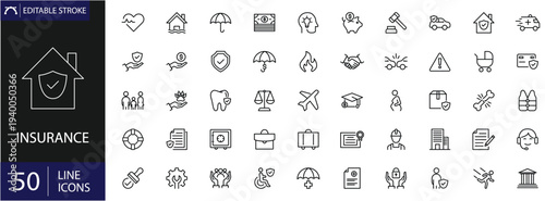 Insurance icons set. Includes symbols of protection, policy documents, health and life coverage, claims, and financial security. Editable stroke. Vector illustration. Outline icons. 
