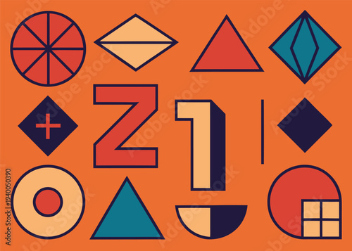 An array of stylized geometric icons featuring segmented circles triangles and diamond shapes is laid out against a saturated orange backdrop.
