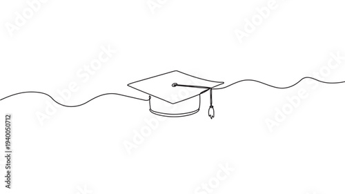 Mortarboard graduation cap with tassel, minimalist single line art drawing, symbolizing academic achievement and scholarly pursuit.