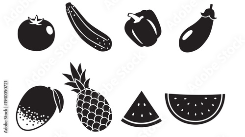 Assortment of fresh fruits and vegetables, including tomato, zucchini, bell pepper, eggplant, mango, pineapple, and watermelon slices.