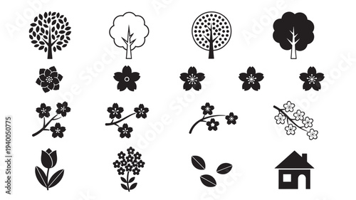 Collection of stylized black silhouette icons featuring various trees, flowers, leaves, and a house.