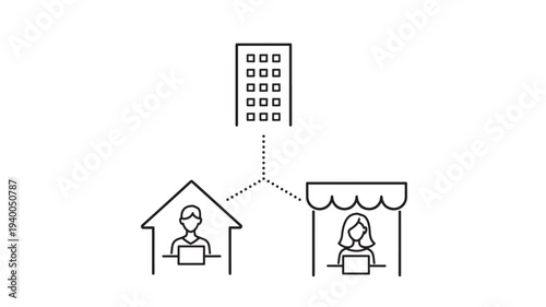 Office building icon connected by dotted lines to a home office and a storefront with people working on laptops.