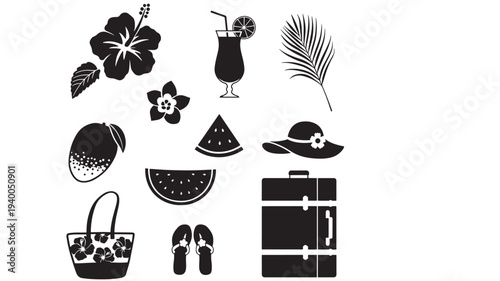 Summer vacation icons set with tropical flowers, fruits, drinks, and travel accessories for a beach getaway.