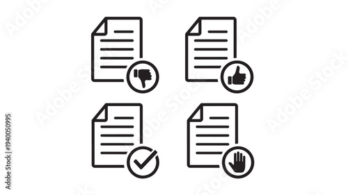 Document icons with thumbs up, thumbs down, checkmark, and stop hand symbols representing approval, rejection, completion, and restriction