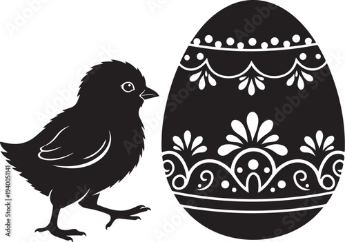 Black Silhouette of Chick and Decorative Easter Egg Design
