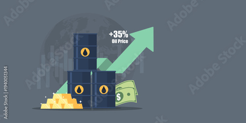 Economic infographic showing a thirty-five percent oil price rise featuring oil barrels, gold, and cash over a global map and growth arrow, flat art.