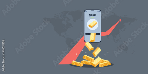 Smartphone displaying a gold price of $2,345 with a red upward arrow and gold bars falling into a pile. Minimalist flat art on a grey world map background representing digital gold trading.