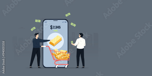 Flat characters using a mobile app to purchase gold bars and putting them into a shopping cart. Digital finance, wealth management, and gold trading background.