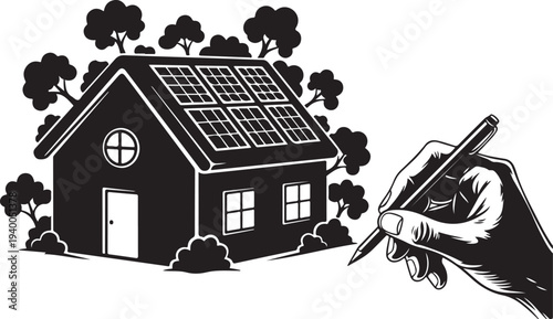 Hand drawing a house with solar panels on roof