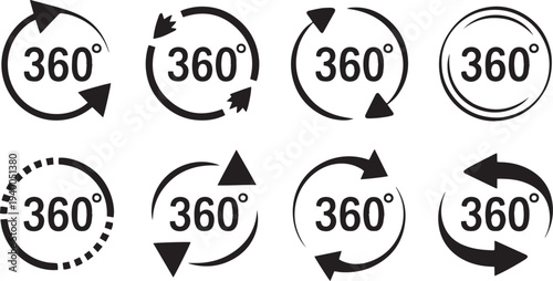 360 Degree View Icons Set. Panorama Rotation Virtual Reality Symbols