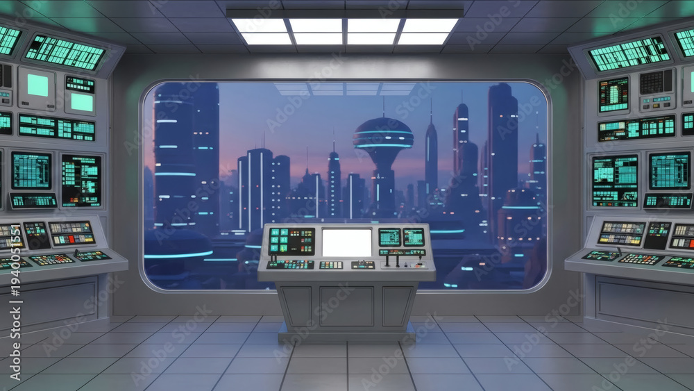 Obraz premium Advanced Command Center with Panoramic View of a Sci-Fi Cityscape at Dusk, Embodying Future Technology and Urban Innovation and Progress