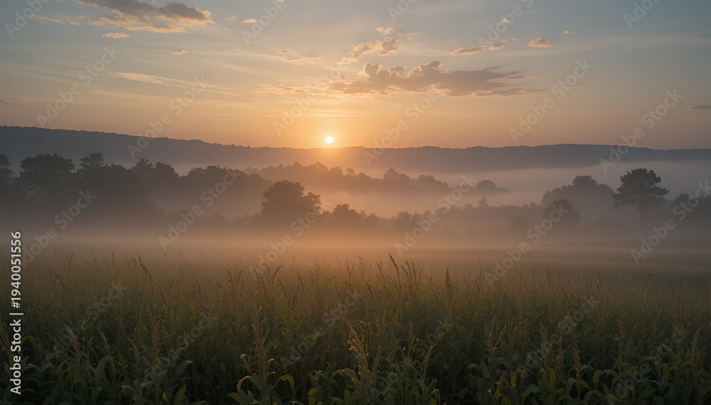 Obraz premium Serene sunrise over misty field with trees and rolling hills