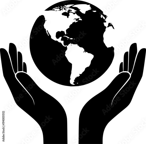 Hands holding Earth globe vector silhouette. Save the planet, ecology and environmental protection concept isolated on white background.