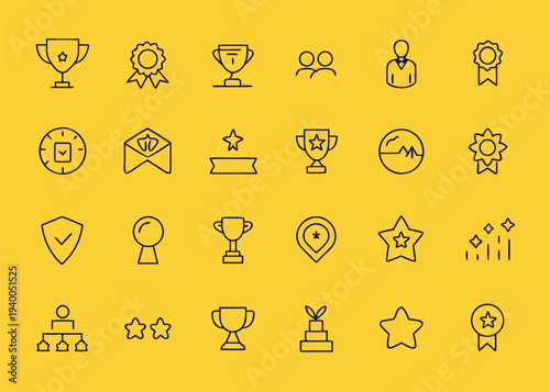 Twenty-four navy blue minimalist icons showing trophies rosettes and various success symbols are neatly aligned on a solid mustard yellow background.