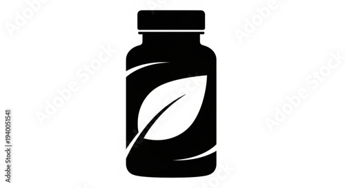Black and white illustration of a medicine bottle with a leaf design on a plain background viewed from the front