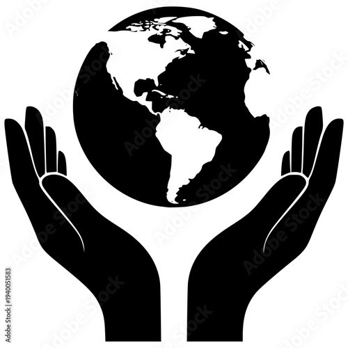 Hands holding Earth globe vector silhouette. Save the planet, ecology and environmental protection concept isolated on white background.