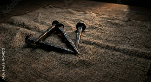 Four rustic iron nails rest on a textured brown burlap cloth. The nails, weathered and aged, have a rough surface with visible rust. They are arranged in a casual, overlapping manner, creating a trian