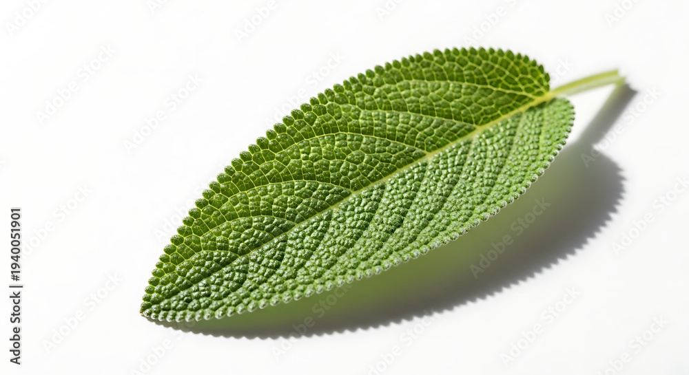 Obraz premium Macro photography of a single fresh green organic common sage herb leaf isolated on a pure white background, showcasing detailed texture, veins, and natural aromatic herbal culinary foliage.
