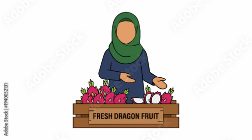 Smiling Woman in Hijab Offers Fresh Dragon Fruit From Wooden Crate at Market Stall Vibrant Pink Fruits and White Sliced Pitaya Displayed on a Clean White Background Natural Healthy Food Showcase