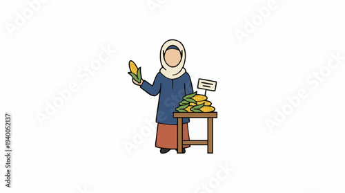 Muslim Woman in Hijab Selling Corn on the Cob at a Market Stall Detailed Illustration
