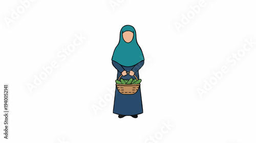 Pixel Art of a Woman in a Teal Hijab and Blue Abaya Holding a Basket of Green Leaves Against a White Background