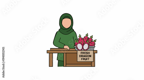 Woman In Green Hijab And Outfit Standing Behind A Market Stall Displaying Pink Dragon Fruits With A Sign Indicating 'Dragon Fruit' And White Background