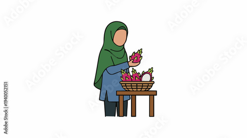 Woman in Green Hijab Holding Pink Dragon Fruit at Wooden Table with Basket Full of Fruit