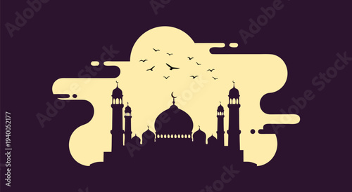 Islamic Culture Ramadan Mosque Silhouette Vector Illustration with Birds Flying Above on a Dark Purple Cloud Background