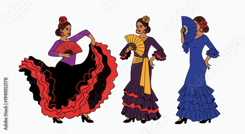 Vector illustration of three flamenco dancers in traditional colorful dresses with fans, celebrating Spanish culture and traditional dance