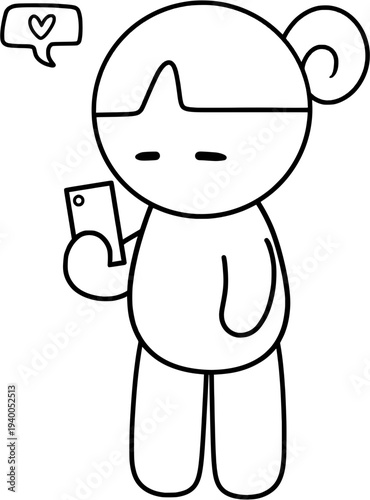 핸드폰 좋아요 확인하는 캐릭터 일러스트