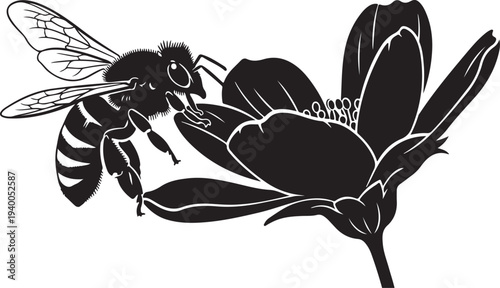 Black and white illustration of bee on flower closeup