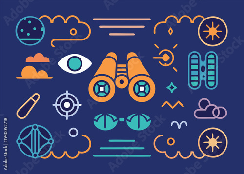 Various optical and vision related graphic elements including binoculars and eyes arranged over a dark blue background with orange and teal accents.