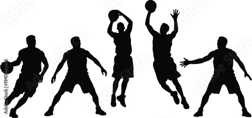 Basketball Player Silhouette Collection Showing Dribbling, Passing, Jump Shot and Defense Actions Isolated on White Background, Dynamic Sports Activity Illustration for Training, Team Sport Design