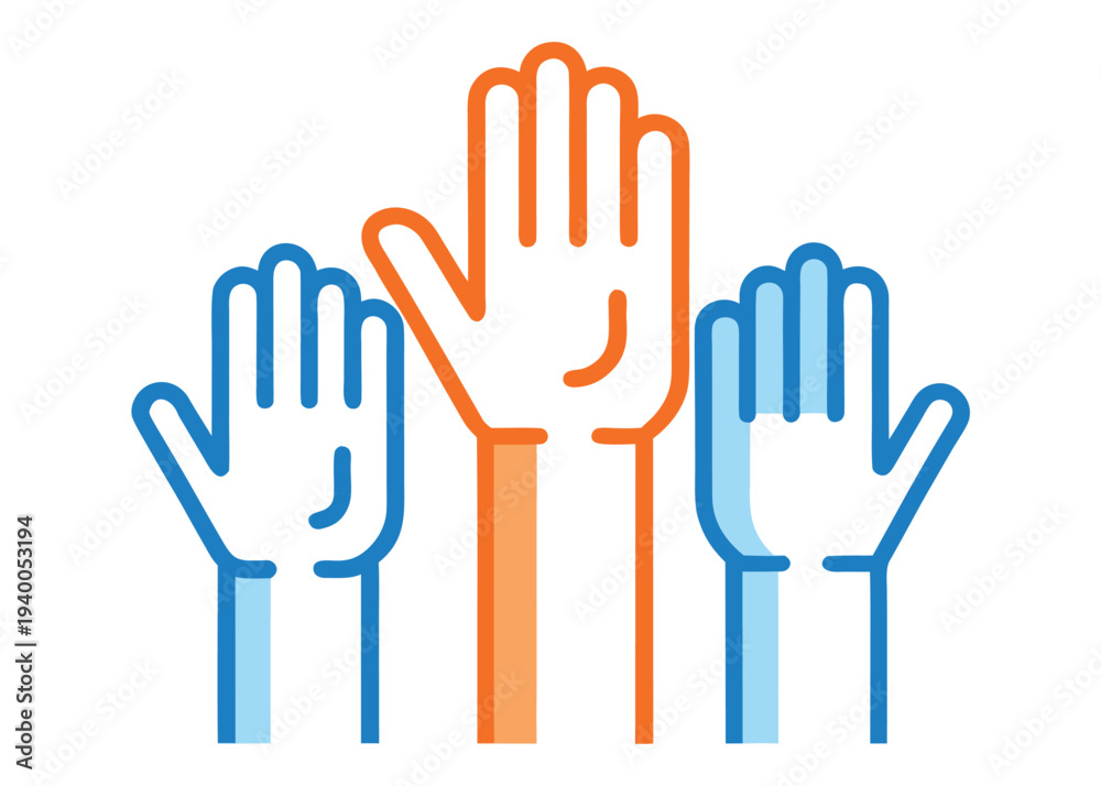 Fototapeta premium Three human hands are raised against a white background with the central hand in orange and the side hands in blue featuring shaded line work.