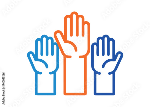 Three raised human hands with thick colored outlines are positioned together on a white background with a taller orange hand centered between two blue hands.