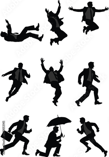 Businessman silhouette set showing jumping, running, falling and kneeling poses with umbrella and briefcase, dynamic corporate people action collection isolated on white background illustration