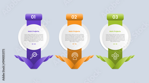 Arrow base infographic with glossy gradient style with big main circle with creative arrow ribbon flipping bottom direction with 3 segment point information
