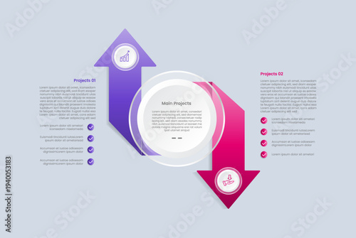 Arrow base infographic with glossy gradient style with circle center with upside down arrow ribbon flip with 2 segment point information
