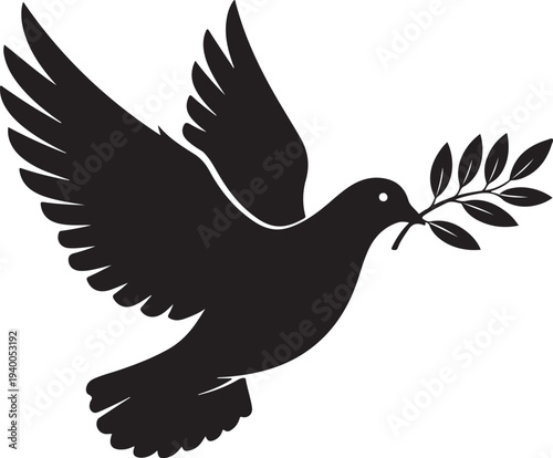 Black dove silhouette with olive branch in beak flying