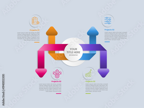 Arrow base infographic with glossy gradient style with big circle with arrow ribbon upside down with 4 segment point information