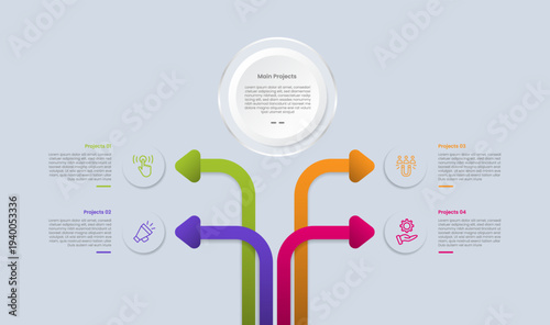 Arrow base infographic with glossy gradient style with big circle on top with arrow line growth from bottom spreading to left and right with 4 segment point information