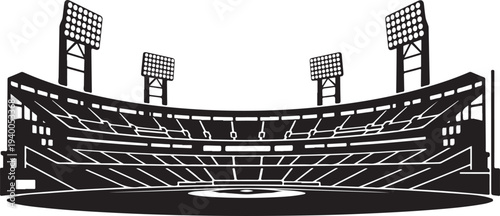 Empty Baseball Stadium with Floodlights at Night Time Illustration
