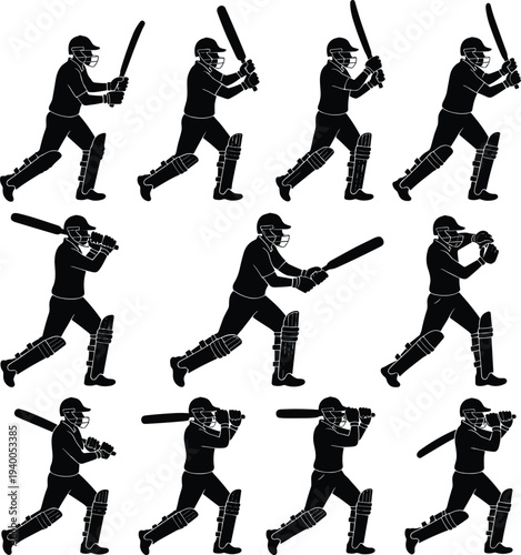 Cricket batsman silhouette set showing different batting shots and swing positions, professional cricket player action collection isolated on white background sports illustration