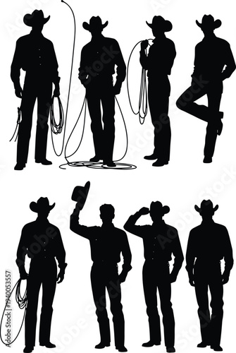 Cowboy silhouettes set with lasso rope and hat gestures, western ranch worker poses collection isolated on white background, classic rodeo cowboy vector illustration