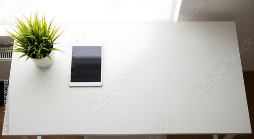Overhead view of white desk with tablet and potted plant