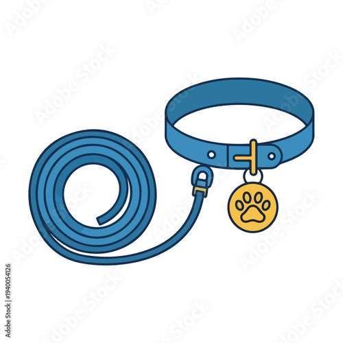 Blue dog collar and leash with yellow paw tag isolated on white