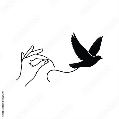 Human hand releasing a bird tied with string concept of freedom liberty and letting go minimalist line art illustration