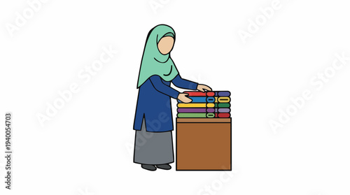 Woman in teal hijab and blue tunic organizing colorful stacked fabrics on a brown wooden surface isolated on white background