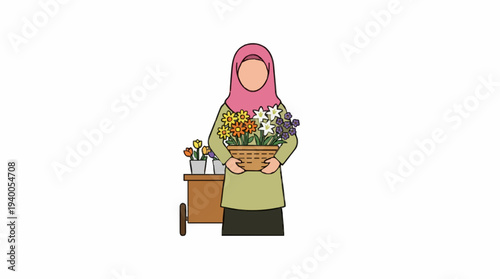Woman in pink hijab holding a basket of colorful flowers in a flat illustration style with a wooden table holding more flowers in the background